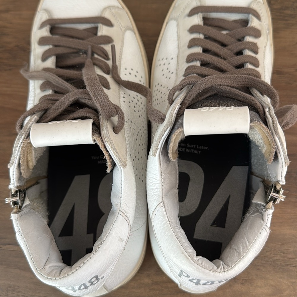 P448 Mid Top side zipper White Perforated High-Top Sneakers with Brown Laces - Picture 6 of 12